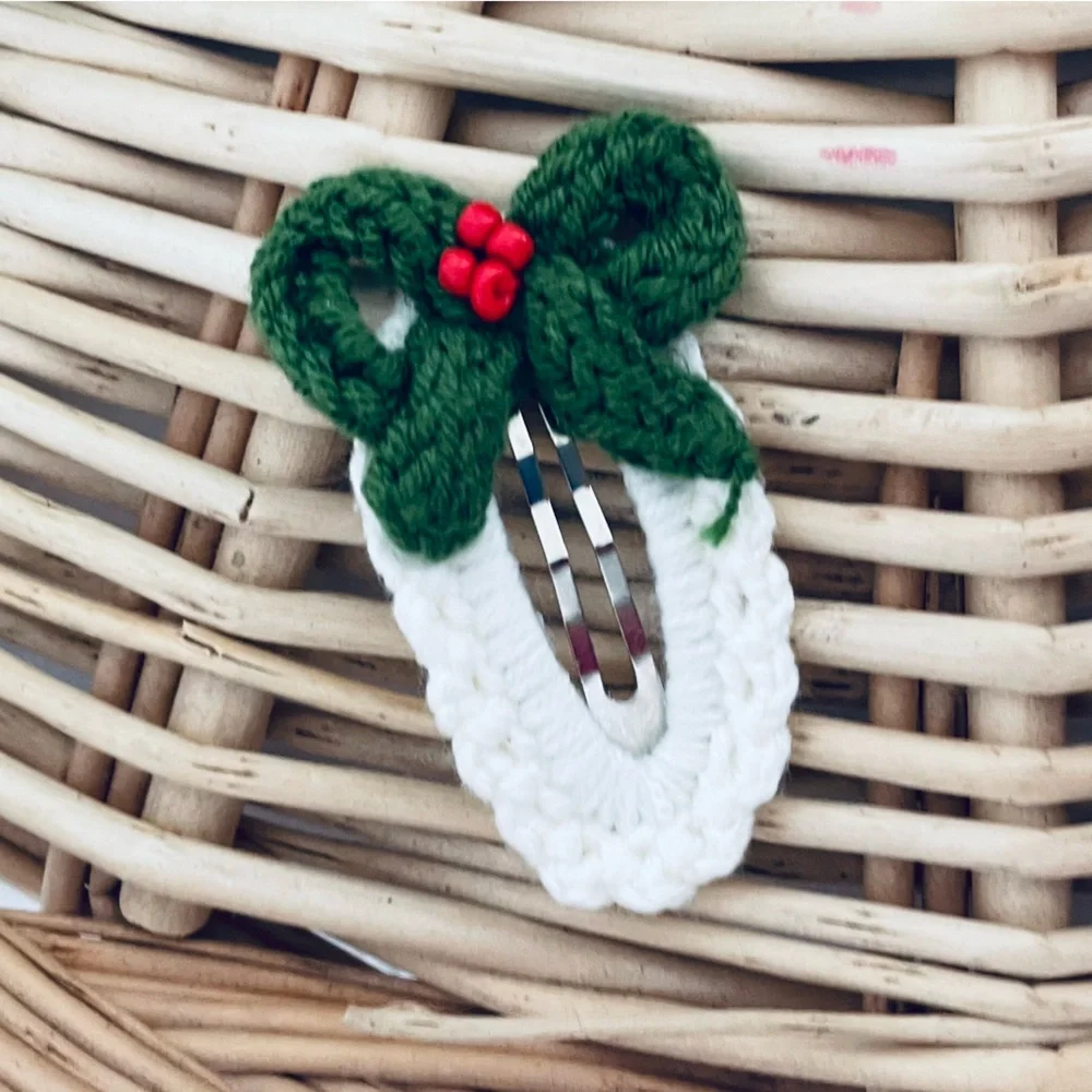 Artisan handcrafted holiday Christmas crochet hair clips Tree, mitten, bows New